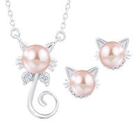 Sterling Silver Freshwater Pearl Jewelry Sets, 925 Sterling Silver, Stud Earring & necklace, with Freshwater Pearl, Cat, platinum plated, 2 pieces & for woman Approx 17.7 Inch 