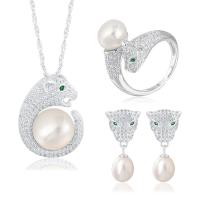 Sterling Silver Freshwater Pearl Jewelry Sets, 925 Sterling Silver, finger ring & earring & necklace, with Freshwater Pearl, with 1.96inch extender chain, Leopard, platinum plated, three pieces & micro pave cubic zirconia & for woman  US Ring  Approx 17.7 Inch 