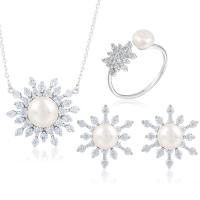 Sterling Silver Freshwater Pearl Jewelry Sets, 925 Sterling Silver, Stud Earring & finger ring & necklace, with Freshwater Pearl, with 1.96inch extender chain, Snowflake, platinum plated, three pieces & for woman & with rhinestone  US Ring  Approx 17.7 Inch 