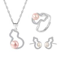 Sterling Silver Freshwater Pearl Jewelry Sets, 925 Sterling Silver, Stud Earring & finger ring & necklace, with Freshwater Pearl, Calabash, platinum plated, three pieces & for woman & with rhinestone & hollow 16.5mm Approx 15.7 Inch 