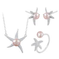 Sterling Silver Freshwater Pearl Jewelry Sets, 925 Sterling Silver, Stud Earring & finger ring & necklace, with Freshwater Pearl, with 1.96inch extender chain, Starfish, platinum plated, three pieces & for woman & with rhinestone US Ring  Approx 17.7 Inch 