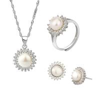 Sterling Silver Freshwater Pearl Jewelry Sets, 925 Sterling Silver, Stud Earring & finger ring & necklace, with Freshwater Pearl, with 1.96inch extender chain, Flower, platinum plated, three pieces & for woman & with rhinestone 12.3mm, 13.2mm, US Ring  Approx 15.7 Inch 