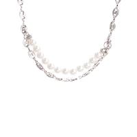Freshwater Pearl Brass Necklace, with Freshwater Pearl, silver color plated, for woman Approx 17.51 Inch 