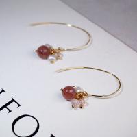 Boucle d'oreille quartz, laiton, avec perle & Strawberry Quartz & quartz rose, Plaqué d'or, bijoux de mode & pour femme, doré, 43mm, Vendu par paire