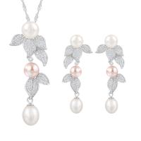 Sterling Silver Freshwater Pearl Jewelry Sets, 925 Sterling Silver, with Freshwater Pearl, Leaf, platinum plated & for woman & with rhinestone 
