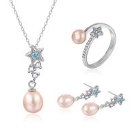 Sterling Silver Freshwater Pearl Jewelry Sets, 925 Sterling Silver, finger ring & earring & necklace, with Freshwater Pearl, with 1.96inch extender chain, Star, platinum plated, three pieces & for woman & with rhinestone 8mm US Ring  Approx 15.7 Inch 