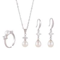 Sterling Silver Freshwater Pearl Jewelry Sets, 925 Sterling Silver, finger ring & earring & necklace, with Freshwater Pearl, with 1.96inch extender chain, platinum plated, three pieces & for woman 6.8mm  US Ring  Approx 15.7 Inch 