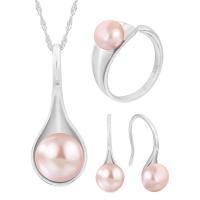 Sterling Silver Freshwater Pearl Jewelry Sets, 925 Sterling Silver, finger ring & earring & necklace, with Freshwater Pearl, with 1.96inch extender chain, Round, platinum plated, three pieces & for woman US Ring  Approx 17.7 Inch 