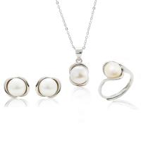 Sterling Silver Freshwater Pearl Jewelry Sets, 925 Sterling Silver, Stud Earring & finger ring & necklace, with Freshwater Pearl, with 1.96inch extender chain, Round, platinum plated, three pieces & for woman  11.3mm, US Ring  Approx 15.7 Inch 
