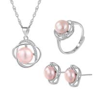 Sterling Silver Freshwater Pearl Jewelry Sets, 925 Sterling Silver, Stud Earring & finger ring & necklace, with Freshwater Pearl, with 1.96inch extender chain, platinum plated, three pieces & for woman & hollow 12.9mm, 11.2mm, US Ring  Approx 15.7 Inch 