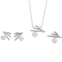 Sterling Silver Freshwater Pearl Jewelry Sets, 925 Sterling Silver, Stud Earring & finger ring & necklace, with Freshwater Pearl, with 1.96inch extender chain, platinum plated, three pieces & for woman & with rhinestone   US Ring  Approx 15.7 Inch 