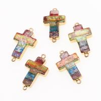 Gemstone Connector, Brass, with Impression Jasper, Cross, mixed colors 