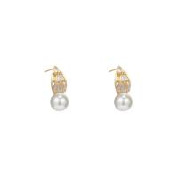 Cubic Zirconia Micro Pave Brass Earring, with ABS Plastic Pearl, 925 thailand sterling silver post pin, real gold plated, fashion jewelry & for woman & with cubic zirconia 