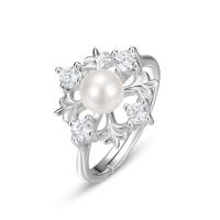Pearl Sterling Silver Finger Ring, 925 Sterling Silver, with Shell Pearl, plated, Adjustable & for woman & with cubic zirconia, silver color, 15mm 