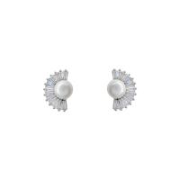 Cubic Zircon Brass Earring, with ABS Plastic Pearl, 925 thailand sterling silver post pin, platinum plated, fashion jewelry & for woman & with cubic zirconia, silver color 