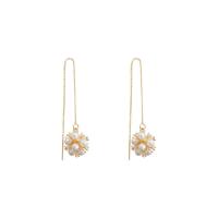 Brass Thread Through Earrings, with ABS Plastic Pearl, real gold plated, fashion jewelry & for woman & with cubic zirconia, golden 