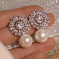Cubic Zirconia Micro Pave Brass Earring, with Plastic Pearl, micro pave cubic zirconia & for woman, beige 
