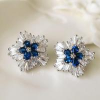 Cubic Zirconia Micro Pave Brass Earring, Flower, micro pave cubic zirconia & for woman, blue, 19mm 