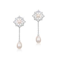 Sterling Silver Pearl Drop Earring, 925 Sterling Silver, with Shell Pearl, for woman & with cubic zirconia, silver color 