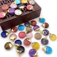 Gemstone Brass Pendants, Natural Stone, with Brass, Flat Round, gold color plated, DIY & faceted 