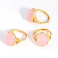 Gemstone Brass Finger Ring, with Green Agate & Rose Quartz, gold color plated & for woman 