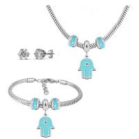 Rhinestone stainless steel Jewelry Set, 316 Stainless Steel, Stud Earring & bracelet & necklace, With Pendant & for woman & enamel & with rhinestone, silver color, 21cmuff0c49cm 