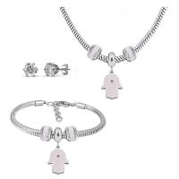 Rhinestone stainless steel Jewelry Set, 316 Stainless Steel, Stud Earring & bracelet & necklace, With Pendant & for woman & enamel & with rhinestone, silver color, 21cmuff0c49cm 