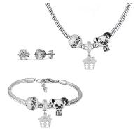 Rhinestone stainless steel Jewelry Set, 316 Stainless Steel, Stud Earring & bracelet & necklace, With Pendant & for woman & with rhinestone, silver color, 21cmuff0c49cm 