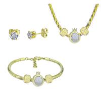 Rhinestone stainless steel Jewelry Set, 316 Stainless Steel, Stud Earring & bracelet & necklace, for woman & with rhinestone, golden, 21cmuff0c49cm 