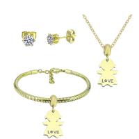 Rhinestone stainless steel Jewelry Set, 316 Stainless Steel, Stud Earring & bracelet & necklace, With Pendant & for woman & with rhinestone, golden, 21cmuff0c49cm 