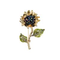 Crystal Brooch, Brass, with Crystal, Sunflower, antique gold color plated, for woman 