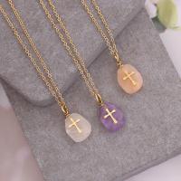 Gemstone Necklaces, Stainless Steel, with Natural Stone, with 1.97inch extender chain, plated, fashion jewelry & with cross pattern & for woman Approx 15.75 Inch 