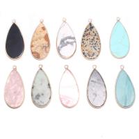 Gemstone Brass Pendants, Natural Stone, with Brass, Teardrop, gold color plated 