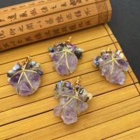 Natural Quartz Pendants, with pearl & Brass, gold color plated, purple 