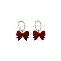 Zinc Alloy Rhinestone Drop Earring, with Flocking Fabric, Bowknot, gold color plated, for woman & with rhinestone & hollow 