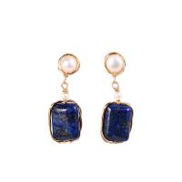 Gemstone Drop Earring, Lapis Lazuli, with Freshwater Pearl & Brass, 14K gold-filled, for woman 