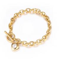Stainless Steel Charm Bracelet, Heart, gold color plated, for woman & with rhinestone Approx 7.87 Inch 