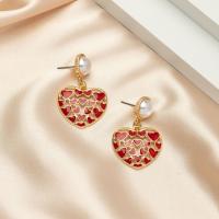Enamel Zinc Alloy Drop Earring, with Plastic Pearl, Heart, gold color plated, for woman 