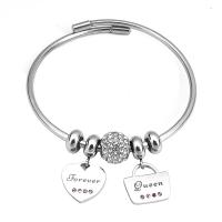 316 Stainless Steel Bangle, with 304 Stainless Steel, With Pendant & for woman & with rhinestone, silver color .5 Inch 