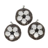 Rhinestone Shell Pendants, Brass, with Rhinestone Clay Pave & White Shell, Round, mixed colors 