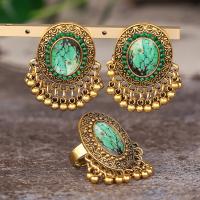 Turquoise Zinc Alloy Jewelry Sets, finger ring & earring, with turquoise, plated, 2 pieces & fashion jewelry & for woman, green 
