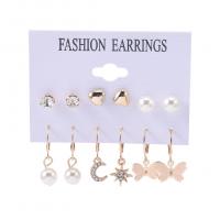 Zinc Alloy Earring Set, earring, with Plastic Pearl, gold color plated, 6 pieces & with rhinestone, golden 