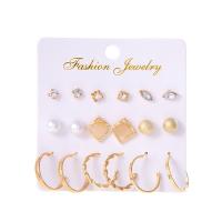 Zinc Alloy Earring Set, earring, with Plastic Pearl, gold color plated, nine pieces & with rhinestone, golden 