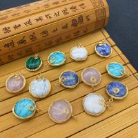 Gemstone Brass Pendants, Natural Stone, with Brass, Round, gold color plated 