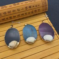 Agate Brass Pendants, with Shell & Brass, Oval, gold color plated 