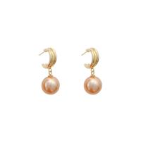Copper Alloy Drop Earring, with Plastic Pearl, Round, gold color plated, for woman & with rhinestone 