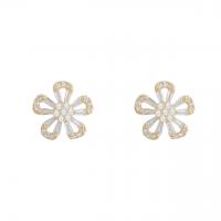 Zinc Alloy Rhinestone Stud Earring, with Plastic Pearl, Flower, gold color plated, for woman & with rhinestone & hollow 