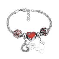 Stainless Steel  European Bracelets, 316 Stainless Steel, With Pendant & Unisex & with rhinestone, silver color .5 Inch 