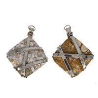 Agate Brass Pendants, with Agate, Rhombus, mixed colors 