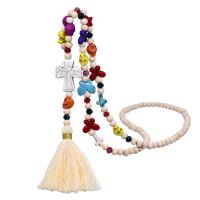 Дерево свитер цепи ожерелье, деревянный, с бирюза & Полиэстер & Кристаллы, Женский, белый, длина:Приблизительно 34.64 дюймовый, продается PC